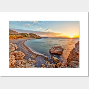 Sunrise at the famous beach Mavra Volia in Chios island, Greece Posters and Art